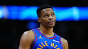 Jan 8, 2025; Denver, Colorado, USA; Denver Nuggets guard Russell Westbrook (4) looks on during the second quarter against the LA Clippers at Ball Arena. Mandatory Credit: Ron Chenoy-Imagn Images
