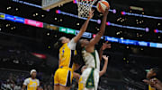 Sep 11, 2024; Los Angeles, California, USA; Seattle Storm forward Nneka Ogwumike (3) shoots the ball against LA Sparks forward Dearica Hamby (5) in the second half at Crypto.com Arena. Mandatory Credit: Kirby Lee-Imagn Images