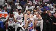 May 1, 2024; Los Angeles, California, USA; LA Clippers guard Norman Powell (24), forward Paul George (13), center Ivica Zubac (40), center Daniel Theis (10) and forward Kawhi Leonard (2) react in the second half during game five of the first round for the 2024 NBA playoffs at Crypto.com Arena. Mandatory Credit: Kirby Lee-Imagn Images