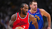 May 3, 2025; Denver, Colorado, USA; LA Clippers forward Kawhi Leonard (2) controls the ball in the first quarter against the Denver Nuggets during game seven of first round for the 2025 NBA Playoffs at Ball Arena. Mandatory Credit: Ron Chenoy-Imagn Images