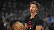 Apr 13, 2025; Atlanta, Georgia, USA; Atlanta Hawks guard Dyson Daniels (5) warms up on the court prior to the game against the Orlando Magic at State Farm Arena. Mandatory Credit: Dale Zanine-Imagn Images