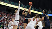 Mar 9, 2024; Greensboro, NC, USA; Notre Dame Fighting Irish forward Maddy Westbeld (21) shoots the ball over Notre Dame Fighting Irish guard Anna DeWolfe (13) during the second half at Greensboro Coliseum. Mandatory Credit: David Yeazell-Imagn Images