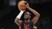 Apr 1, 2025; Atlanta, Georgia, USA; Atlanta Hawks guard Caris LeVert (3) on the court before the game against the Portland Trail Blazers at State Farm Arena. Mandatory Credit: Dale Zanine-Imagn Images