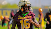 Arizona State wide receiver Jaren Hamilton (16) warms up during the first day of fall practice in Tempe, Ariz. on July 30, 2025.