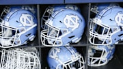 Sep 2, 2023; Charlotte, North Carolina, USA; North Carolina Tar Heels helmets during the first quarter against the South Carolina Gamecocks at Bank of America Stadium. 