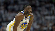 May 8, 2025; Minneapolis, Minnesota, USA; Golden State Warriors forward Draymond Green (23) looks on against the Minnesota Timberwolves in the second half during game two of the second round for the 2025 NBA Playoffs at Target Center. Mandatory Credit: Jesse Johnson-Imagn Images