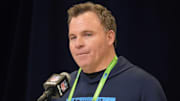 Tennessee Titans general manager Mike Borgonzi speaks during the NFL Scouting Combine at the Indiana Convention Center.