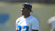 May 20, 2025; El Segundo, CA, USA; Los Angeles Chargers receiver Brenden Rice (82) looks on during offseason workouts at The Bolt. Mandatory Credit: Kirby Lee-Imagn Images