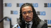 Jul 24, 2025; Las Vegas, NV, USA; USC wide receiver Makai Lemon speaks to the media during the Big Ten NCAA college football media days at Mandalay Bay Resort. Mandatory Credit: Lucas Peltier-Imagn Images