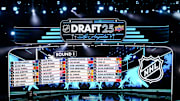 Jun 27, 2025; Los Angeles, California, USA; The draft board is seen following the first round of the 2025 NHL Draft at Peacock Theater. Mandatory Credit: Kirby Lee-Imagn Images