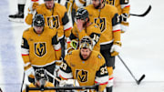 May 14, 2025; Las Vegas, Nevada, USA; Vegas Golden Knights players leave the ice after the Edmonton Oilers defeated the Vegas Golden Knights 1-0 during an overtime period, completing a 4-1 series win during game five of the second round of the 2025 Stanley Cup Playoffs at T-Mobile Arena. Mandatory Credit: Stephen R. Sylvanie-Imagn Images