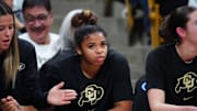 Jan 19, 2024; Boulder, Colorado, USA; Colorado Buffaloes guard Shelomi Sanders (22) on the bench in the fourth quarter against the UCLA Bruins at the CU Events Center. Mandatory Credit: Ron Chenoy-Imagn Images
\v11