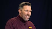 Feb 25, 2025; Indianapolis, IN, USA; Washington Commanders general manager Adam Peters speaks during the NFL Scouting Combine at the Indiana Convention Center. Mandatory Credit: Kirby Lee-Imagn Images
