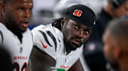 Cincinnati Bengals defensive end Shemar Stewart (97) sits between drives in the first quarter of the NFL Week 7 game between the Cincinnati Bengals and the Pittsburgh Steelers at Paycor Stadium in downtown Cincinnati on Thursday, Oct. 16, 2025.