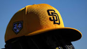 Feb 13, 2024; Peoria, AZ, USA; The details of a San Diego Padres cap during a Spring Training workout at Peoria Sports Complex. Mandatory Credit: Joe Camporeale-Imagn Images