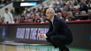 Mar 21, 2025; Raleigh, NC, USA;  Connecticut Huskies head coach Dan Hurley reacts during the first half against the Oklahoma Sooners at Lenovo Center. Mandatory Credit: Bob Donnan-Imagn Images
