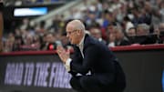 Mar 21, 2025; Raleigh, NC, USA;  Connecticut Huskies head coach Dan Hurley reacts during the first half against the Oklahoma Sooners at Lenovo Center. Mandatory Credit: Bob Donnan-Imagn Images