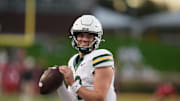 Nov 15, 2025; Waco, Texas, USA;  Baylor Bears quarterback Sawyer Robertson (13) during warmups before the game against the Utah Utes at McLane Stadium. Mandatory Credit: Chris Jones-Imagn Images