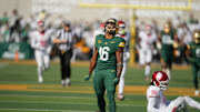 Baylor Bears wide receiver Kobe Prentice (16) reacts after making a catch against Houston Cougars defensive back Will James (15) during the second half at McLane Stadium