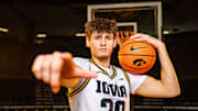 Trey Thompson stands for a photo during Iowa Men's Basketball media day at Carver Hawkeye arena in Iowa City, Oct. 15, 2025.