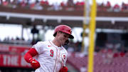 Cincinnati Reds second baseman Matt McLain rounds third after hitting a solo home run in the sixth inning of the MLB game between Cincinnati Reds and Chicago White Sox at Great American Ball Park in Cincinnati on Thursday, May 15, 2025.