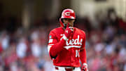 Cincinnati Reds right fielder Will Benson (30) gestures as he rounds third base for home after hitting a solo home run in the fifth inning of the MLB game between Cincinnati Reds and Cleveland Guardians at Great American Ball Park in Cincinnati on Saturday, May 17, 2025.