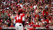 Cincinnati Reds shortstop Elly De La Cruz (44) crosses home plate as fans react in the first inning between Cincinnati Reds and Miami Marlins at Great American Ball Park in Cincinnati on Wednesday, July 9, 2025.