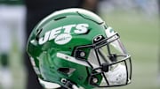 Aug 12, 2023; Charlotte, North Carolina, USA; New York Jets helmet during the second quarter against the Carolina Panthers at Bank of America Stadium. Mandatory Credit: Jim Dedmon-Imagn Images