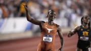 Jun 10, 2023; Austin, TX, USA; Julien Alfred of Texas celebrates after winning the women's 200m in a wind-aided 21.73 during the NCAA Track & Field Championships at Mike A. Myers Stadium. Mandatory Credit: Kirby Lee-USA TODAY Sports