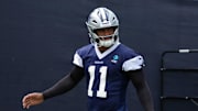 Jul 22, 2025; Oxnard, CA, USA; Dallas Cowboys defensive end Micah Parsons (11) during training camp at the River Ridge Fields. Mandatory Credit: Kirby Lee-Imagn Images