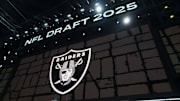 Apr 24, 2025; Green Bay, WI, USA; The Las Vegas Raiders logo is projected on the video board during the NFL Draft at Lambeau Field. Mandatory Credit: Kirby Lee-Imagn Images