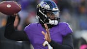 Baltimore Ravens quarterback Tyler Huntley warms up before a AFC divisional round game against the Houston Texans. Mandatory Credit: Mitch Stringer-Imagn Images