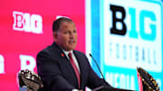 Jul 22, 2025; Las Vegas, NV, USA; Rutgers head coach Greg Schiano speaks to the media during the Big Ten NCAA college football media days at Mandalay Bay Resort. Mandatory Credit: Lucas Peltier-Imagn Images