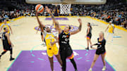 Sep 17, 2024; Los Angeles, California, USA; Phoenix Mercury center Brittney Griner (42) defends against Khary Stanley from LA Sparks forward Rickea Jackson (2) in the first half at Crypto.com Arena. Mandatory Credit: Kirby Lee-Imagn Images
