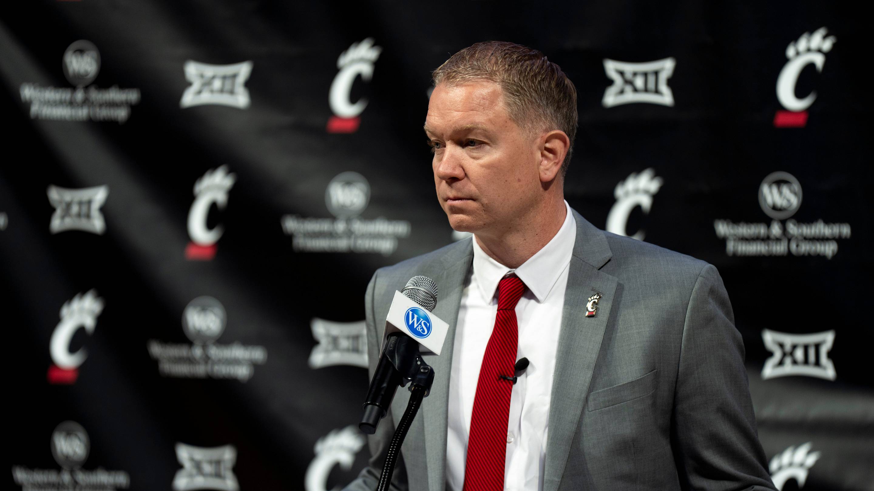 Cincinnati head coach Jerrod Calhoun speaks during a press conference announcing him as the head men's basketball coach at Fifth Third Arena in Cincinnati on Wednesday, March 25, 2026. | USA TODAY Network via Reuters Connect