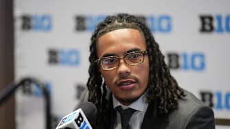 Jul 24, 2025; Las Vegas, NV, USA; USC wide receiver Makai Lemon speaks to the media during the Big Ten NCAA college football media days at Mandalay Bay Resort. Mandatory Credit: Lucas Peltier-Imagn Images