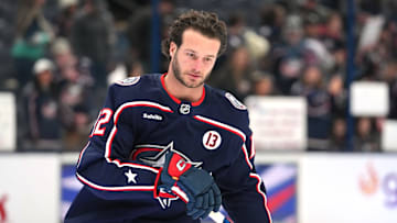 Owen Sillinger takes warmups during a game against the Seattle Kraken in Columbus.