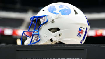 BYU football helmet on full display at the Big 12 Media Days