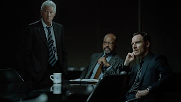 L-R Richard Gere as Bosko, Jeffrey Wright as Henry and Michael Fassbender as Martian in The Agency, episode 3, season 1, streaming on Paramount+ with Showtime, 2024.