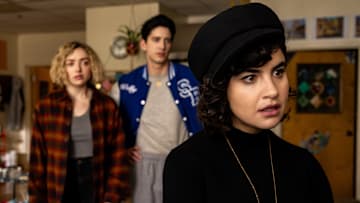 L-R: Peyton List as Maddie Nears, Milo Manheim as Wally Clark, and Sarah Yarkin as Rhonda in School Spirits, episode 2, season 2
