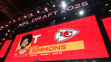 Apr 24, 2025; Green Bay, WI, USA; Ohio State Buckeyes tackle Josh Simmons is selected as the No. 32 pick by the Kansas City Chiefs during the NFL Draft at Lambeau Field. Mandatory Credit: Kirby Lee-Imagn Images