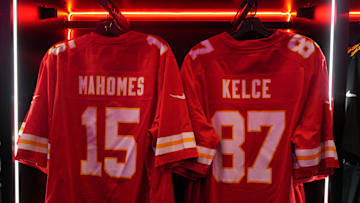 Feb 4, 2025; New Orleans, LA, USA; The Nike football jerseys of Kansas City Chiefs quarterback Patrick Mahomes (15) and tight end Travis Kelce (87) at the NFL Shop at the Super Bowl LIX Experience at the Ernest N. Morial Convention Center. Mandatory Credit: Kirby Lee-Imagn Images