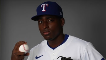 Feb 20, 2024; Surprise, AZ, USA; Texas Rangers pitcher Emiliano Teodo poses for a photo during Media Day at Surprise Stadium. Mandatory Credit: Joe Camporeale-USA TODAY Sports