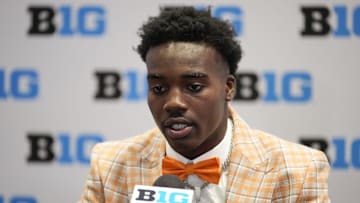 Jul 24, 2025; Las Vegas, NV, USA; Michigan State wide receiver Nick Marsh speaks to the media during the Big Ten NCAA college football media days at Mandalay Bay Resort. Mandatory Credit: Lucas Peltier-Imagn Images