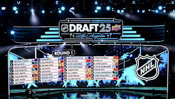 Jun 27, 2025; Los Angeles, California, USA; The draft board is seen following the first round of the 2025 NHL Draft at Peacock Theater. Mandatory Credit: Kirby Lee-Imagn Images