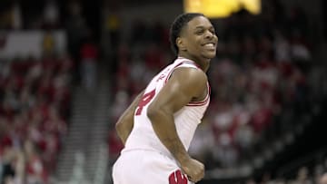 Wisconsin guard Kamari McGee (4) reacts after hitting a three-point basket during the second half of their game Friday, January 10, 2025 at the Kohl Center in Madison, Wisconsin. Wisconsin beat Minnesota 80-59.