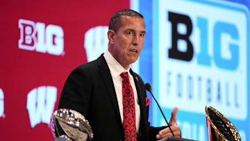 Jul 23, 2025; Las Vegas, NV, USA; Wisconsin head coach Luke Fickell speaks to the media during the Big Ten NCAA college football media days at Mandalay Bay Resort. Mandatory Credit: Lucas Peltier-Imagn Images