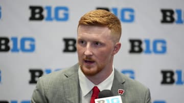 Jul 23, 2025; Las Vegas, NV, USA; Wisconsin quarterback Billy Edwards Jr. speaks to the media during the Big Ten NCAA college football media days at Mandalay Bay Resort. Mandatory Credit: Lucas Peltier-Imagn Images
