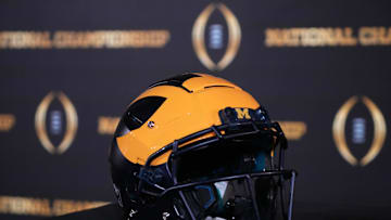Jan 7, 2024; Houston, TX, USA; Michigan Wolverines helmet at the CFP National Championship Head Coaches press conference at JW Marriot Houston by the Galleria. Mandatory Credit: Kirby Lee-Imagn Images