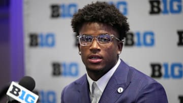 Jul 22, 2025; Las Vegas, NV, USA; Ohio State safety Caleb Downs speaks to the media during the Big Ten NCAA college football media days at Mandalay Bay Resort. Mandatory Credit: Lucas Peltier-Imagn Images